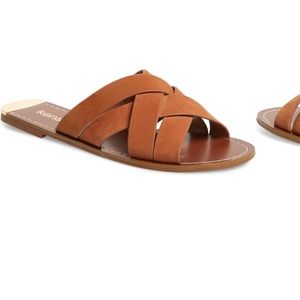 Anthropologie Kensie Kattie Slide Sandal Tan Gold Cognac Slides Knot Heel Flat